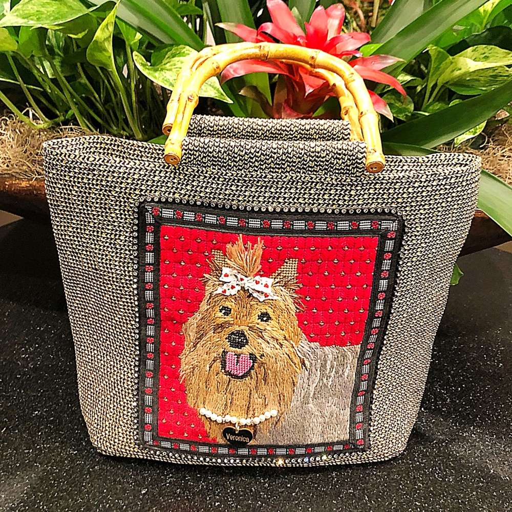 Yorkie Needlepoint Tote with Bamboo Handles, Handmade, NEW!